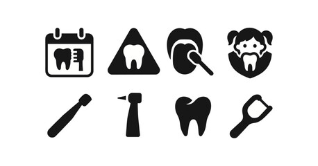 Fototapeta premium Dental hygiene silhouette icon set. tooth care, floss, and brush silhouettes