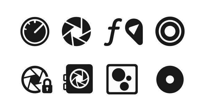 Photography and camera solid icon set. aperture, lens, location symbol collection