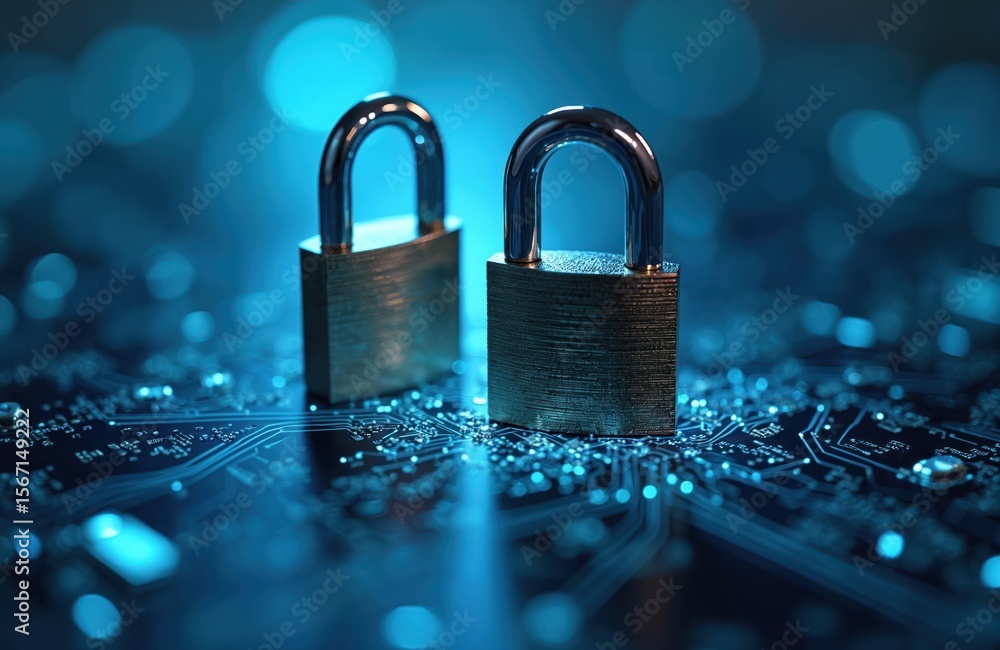 Poster secure gateway with illuminated padlocks on digital circuitry. data protection, network security con