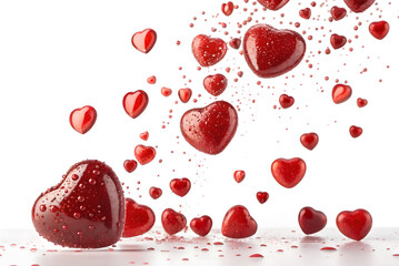 hearts falling down isolated on white background,