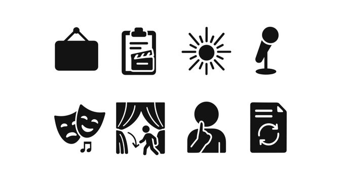 Entertainment, arts solid icon set. theater, music, and activity icons collection