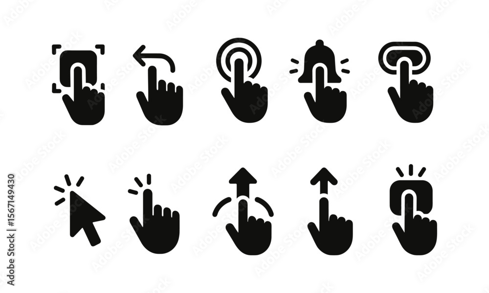 Poster gesture control, interaction solid icon set. hand, touch interface, swipe icons