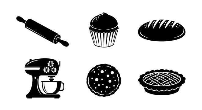 Culinary tools and baked goods arranged neatly in a graphic representation for baking enthusiasts