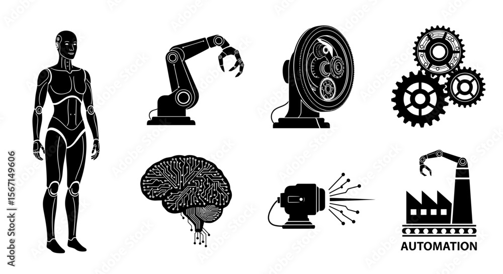 Poster illustrative representation of robotic components and automation elements assembled together nicely 