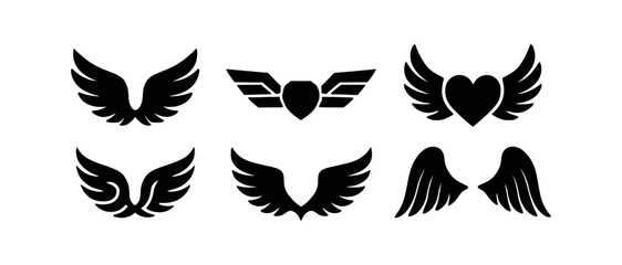 Obraz premium Wings silhouette icon set. flight, angel, bird symbols in silhouette style collection