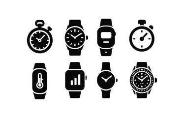 Watch and timer silhouette icon set. clocks, alarm, stopwatch icons collection