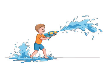 A cheerful boy playfully shoots a water gun, creating a splash. Vibrant colors and dynamic action capture summer fun. Ideal for summer, kids, and outdoor themes.