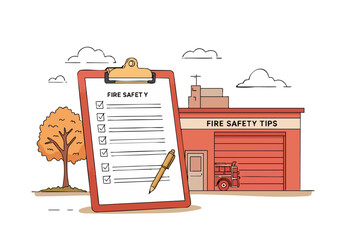 cheerful illustration showcases fire safety tips on a clipboard set against a stylized fire station backdrop Clean lines and a warm color palette create a visually appealing and informative design