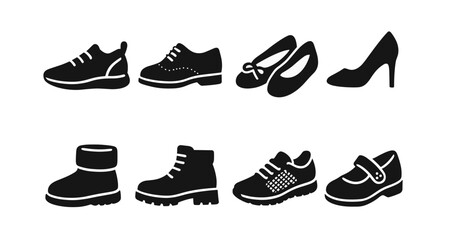 Footwear silhouette icon set. shoes, sneakers, boots, heels, outline collection