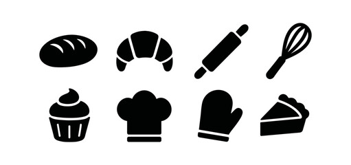 Baking silhouette icon set. bread, pastry, utensil icons collection