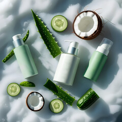 A flat lay of natural skincare products in white and mint green bottles, surrounded by fresh aloe vera, cucumber slices, and coconut halves on a soft white, foamy surface.