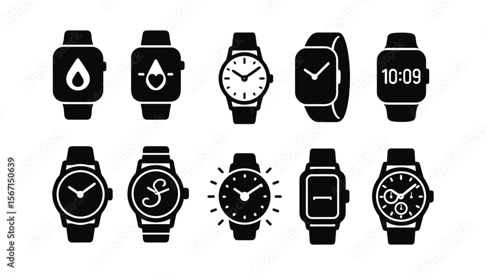 Poster watch and clock icon set. solid style timekeeping icons and symbols collection