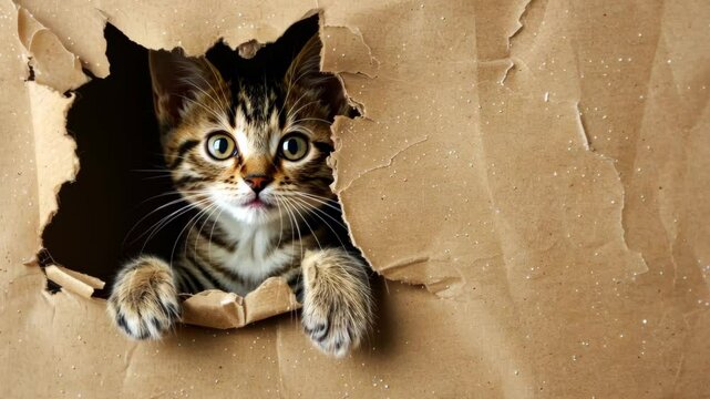 Curious Kitten Peeking Out: A charming kitten, with wide-eyed wonder and expressive eyes, emerges playfully from a torn paper, creating an enchanting scene of curiosity.