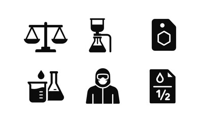 Science and laboratory silhouette icon set: safety, chemistry, research symbols