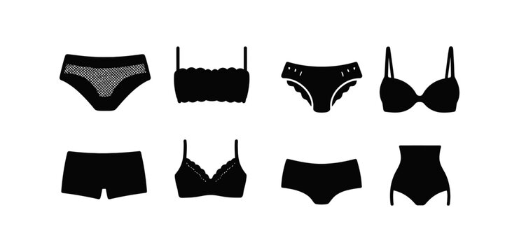 Lingerie, apparel silhouette icon set. underwear and bra icons silhouette collection