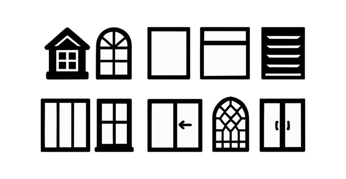 Window and door silhouette icon set. minimalist home design silhouette collection