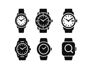 Watch and timepiece silhouette icon set. clocks, wristwatches in silhouette style