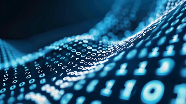 Digital Wave of Binary Code: A close-up of a dynamic digital wave composed of binary code, revealing a pattern of ones and zeros.