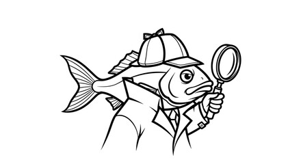 Detective fish wearing a hat and holding a magnifying glass, symbolizing mystery and investigation in a humorous style