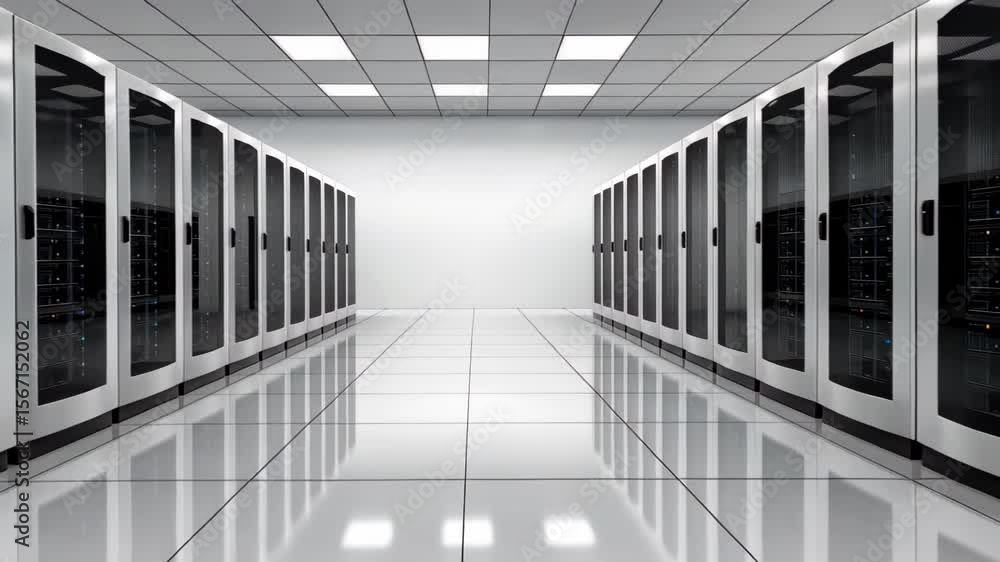Poster server room: a meticulously designed server room showcases rows of sleek server cabinets. the well-l