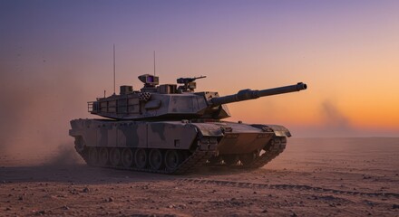 A highly detailed, realistic photograph of a modern main battle tank, like an M1 Abrams or Leopard 2, positioned on a dusty, arid battlefield at dawn. The tank should be in a dynamic pose,.