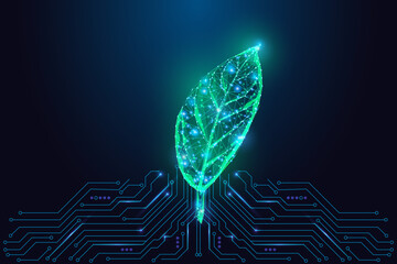 Single digital leaf concept symbolizing sustainable technology and green energy innovation