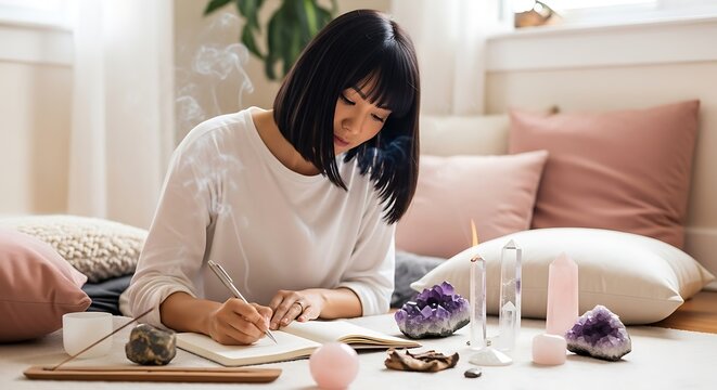 Woman journaling peacefully at home, surrounded by crystals and incense, practicing self-care and mindfulness.