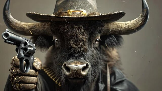 Cowboy Bull: A powerful bull, embodying the spirit of the Wild West, is depicted as a rugged cowboy. It holds a gun with determination.