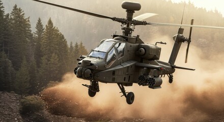 A photograph of a modern attack helicopter, such as an AH-64 Apache or Mi-28 Havoc, hovering low over a rugged, forested terrain. Show its weaponry clearly visible