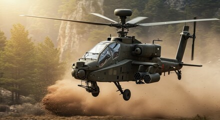 A photograph of a modern attack helicopter, such as an AH-64 Apache or Mi-28 Havoc, hovering low over a rugged, forested terrain. Show its weaponry clearly visible