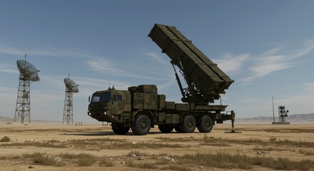A wide shot of a mobile missile defense system, like a Patriot or S-400, deployed in an open, strategic location. Show the large missile canisters aimed towards the sky, with radar dishes