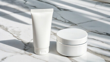White cosmetic tube and jar are displayed on marble surface