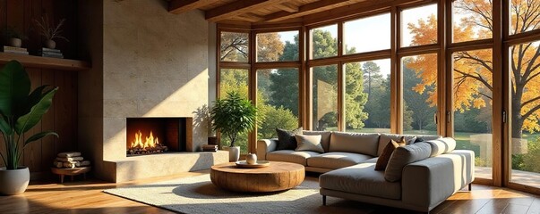 Warm & Inviting Living Room with Fireplace Relaxing Family Time by the Fire, Natural Light Streaming Through Large Windows, Comfortable Seating for Cozy Home Atmosphere