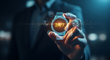 24/7 customer service and support concept. Hand holds a holographic clock with "24/7" surrounded by chat, phone, and email icons.