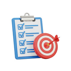 Clipboard with checklist and target with arrow isolated on transparent background