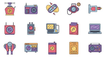 A collection of 12 distinct, colorful, flat-design icons on a pure white background, each representing a popular item or cultural reference from the 2000s Maintain a vibrant, cheerful, and slightly
