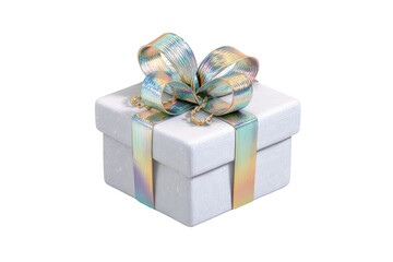 PNG White gift box with iridescent ribbon bow and beads on black background