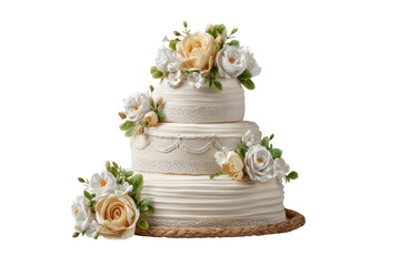 PNG Elegant three-tiered wedding cake with floral decorations