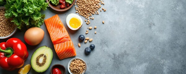 Healthy food assortment on grey background. Variety of fresh raw vegetables, fruits, fish, eggs. Balanced diet concept with antioxidants. Perfect for nutrition blogs, diet resources, healthy eating