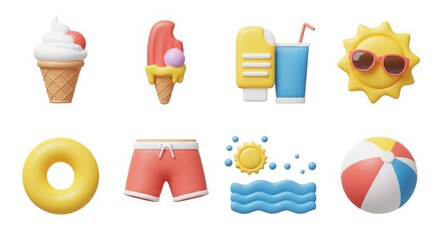 Summer Vacation Icon Set - 3D Beach and Holiday Symbols