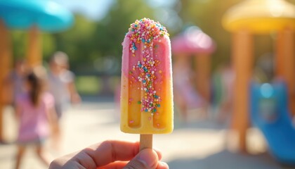 Hand holds colorful ice cream bar with sprinkles. Bright popsicle at playground. Summer treat, dessert, refreshment, snack for children on sunny day. Fun, happiness, enjoyment.