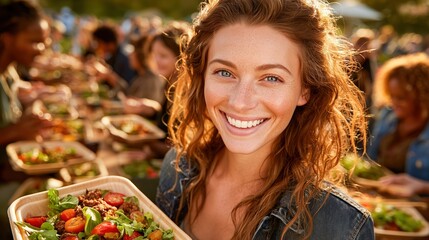 Smiling woman holding a salad at an outdoor gathering.