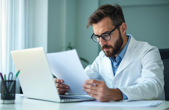 Bearded doctor studies medical records at desk. Healthcare pro wears glasses, white coat. Laptop pen holder visible. Healthcare consultation, appointment, diagnosis.