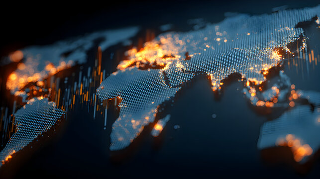 Digital world map with glowing lights and data bars representing global connectivity and technology