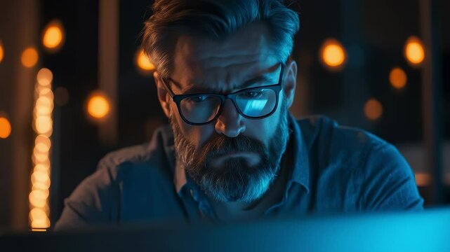 Man Focused On Screen At Night