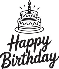 Happy Birthday text with cake and candle line art