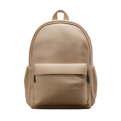 A tan backpack with a front pocket and side pockets against a black background