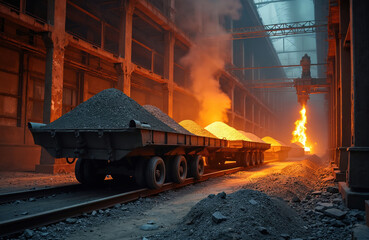Hot slag transported in a metal industry shop. Wagons on railway tracks, factory environment, flames bursting, and production process. Industrial technology for metal processing. Heavy industry.