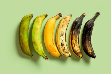 Banana Ripening Stages on Green Background – From Unripe to Overripe