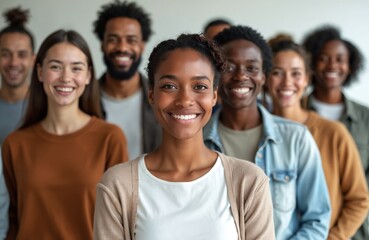 Obraz premium Diverse group people smiles confidently. Men women different ages, ethnicities. Community celebrates inclusivity, togetherness. Portrait conveys optimism, happiness. Background neutral.